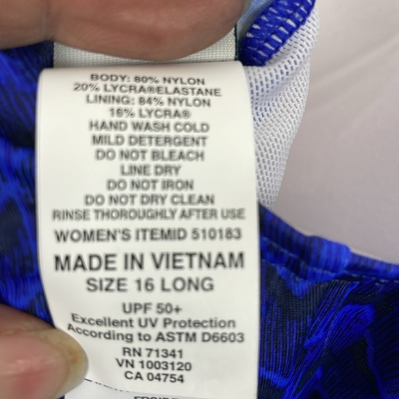 LL Bean Womens 16 Long Swimsuit UPF 50 Padded Cups Blue Beach Bathing Suit - Picture 8 of 9